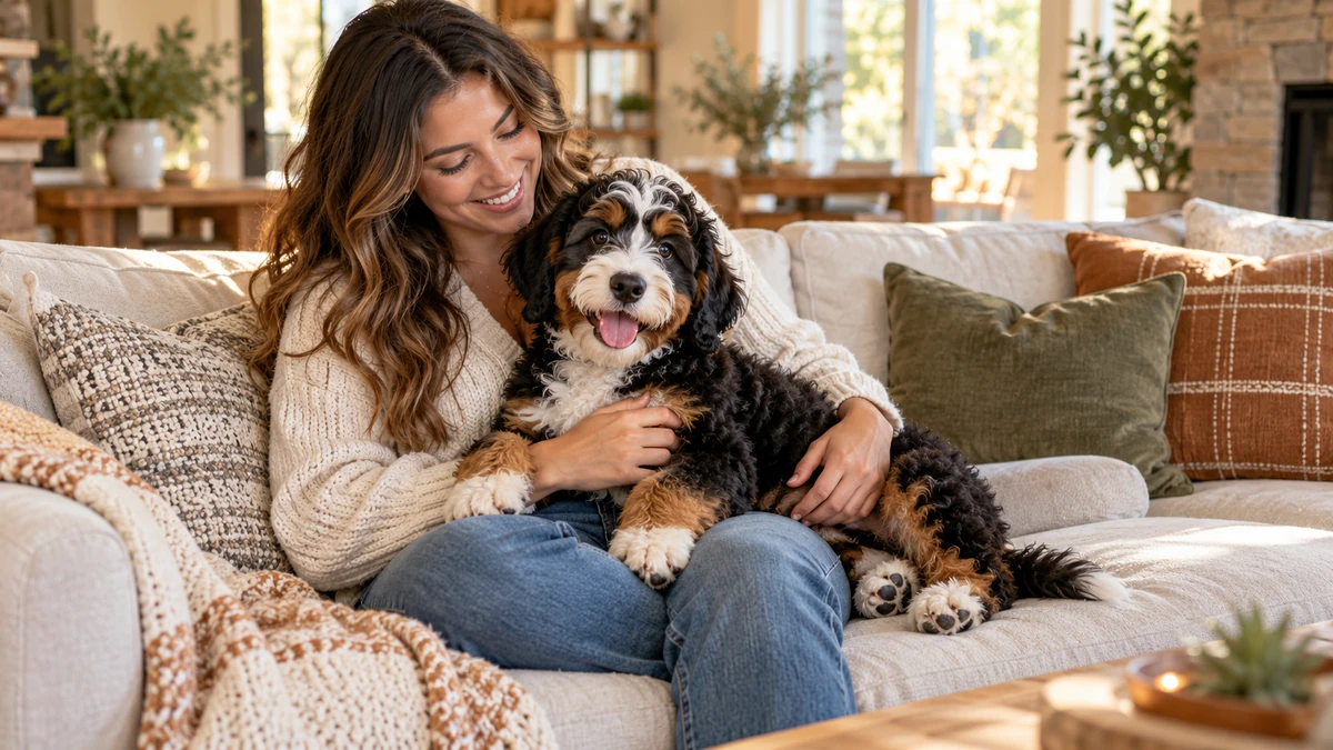 Bernedoodle köpek — sahibinin kucağında