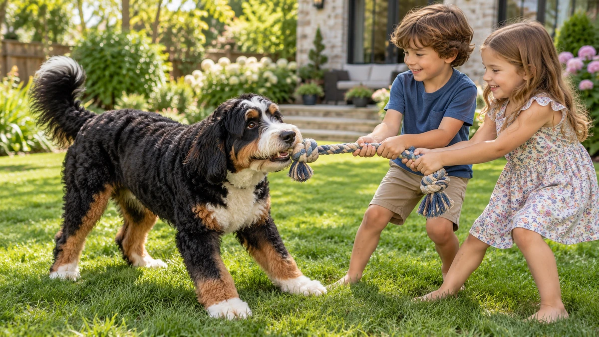 Bernedoodle köpek — çocuklarla oyun