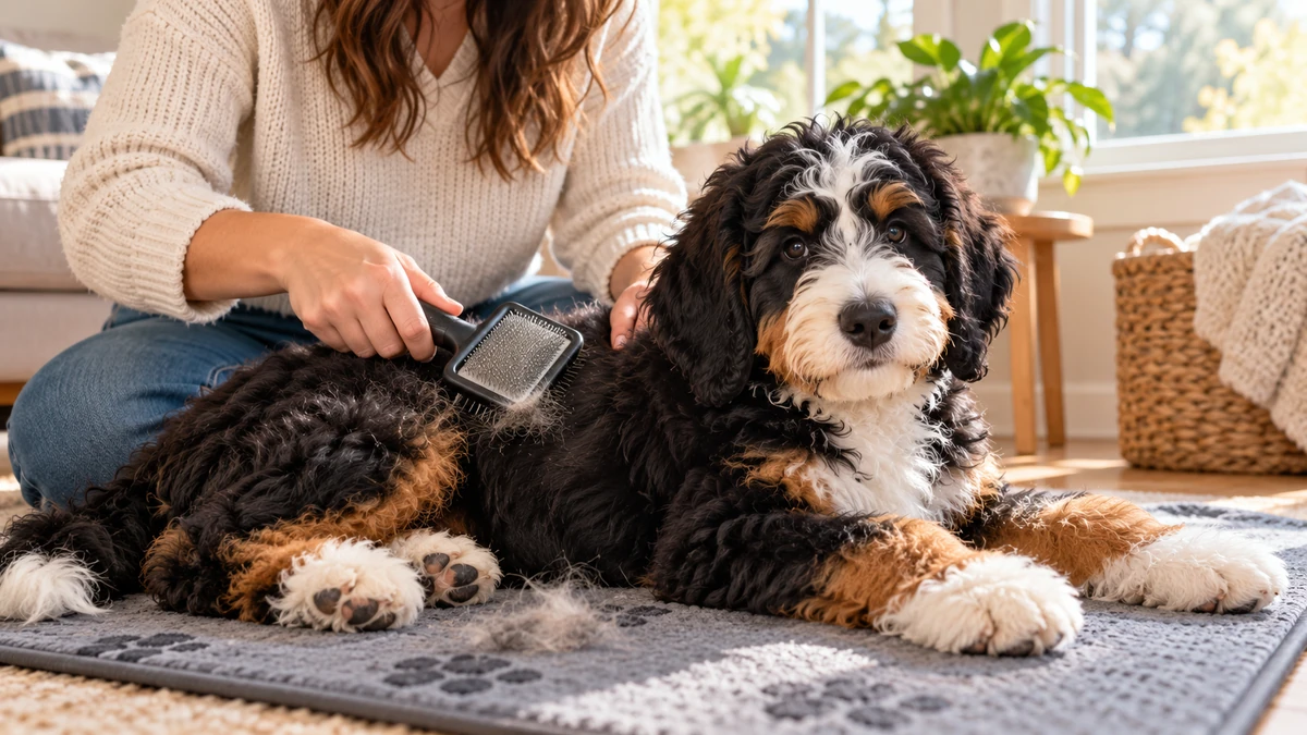 Bernedoodle yavru köpek — tüy bakımı ve fırçalama