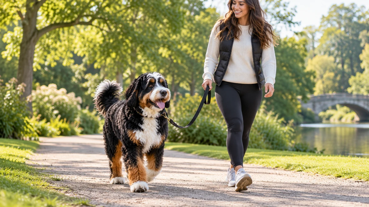 Bernedoodle köpek — parkta yürüyüş ve egzersiz